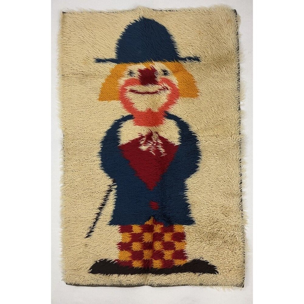 Vintage Mid Century Danish Ege Rya Shag Rug Clown Tapestry Wall Hanging 26x40"
